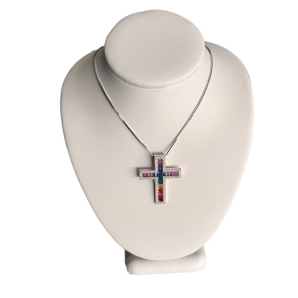 Silver chain with cross of colored stones